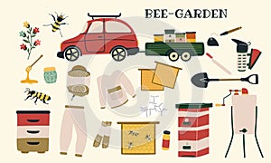 Set of isolated hand drawn illustrations on the theme of beekeeping.