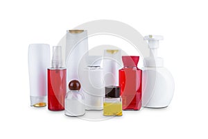 Collection of various beauty cosmetic hygiene containers plastic bottle with body moisturising isolated on white background