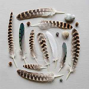 A collection of various bird feathers arranged on a textured surface, showcasing a