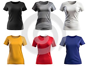Collection of various blank women\'s t-shirt mockups, isolated on white background, transparency