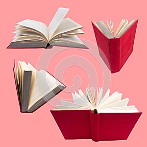 collection of various books isolated on pink background. each one is shot separately