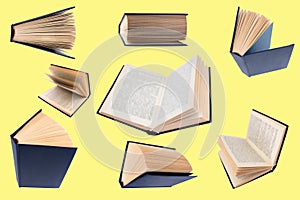 collection of various books isolated on yellow background. each one is shot separately