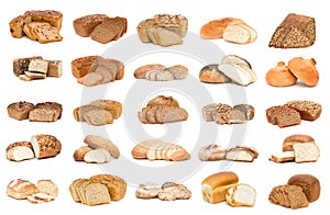 Collection of various bread over white background