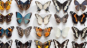 Collection of various butterfly specimens displayed on a white background