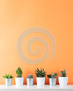 Collection of various cactus and succulent plants in different pots. Potted cactus house plants on white shelf.