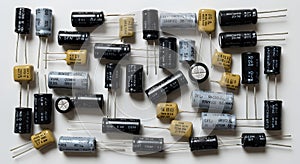 Assorted capacitors on white background, ai generated