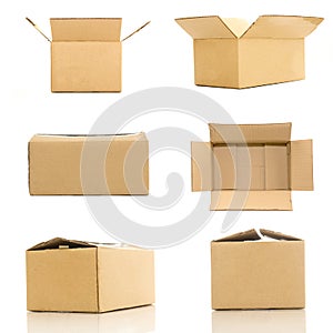 Collection of various cardboard boxes on white background.