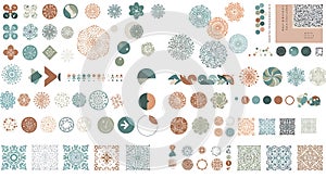 A collection of various circular and square geometric designs in a palette of green, photo