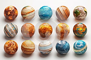 Collection of various colored marbles scattered on a white background