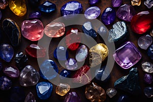 Collection of various colored stones scattered across wooden table, each showcasing unique patterns and textures.