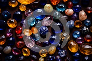 Collection of various colored stones scattered across wooden table, each showcasing unique patterns and textures.