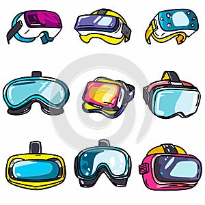 Collection various colorful VR virtual reality headsets, gadgets gaming. Set cartoon style virtual