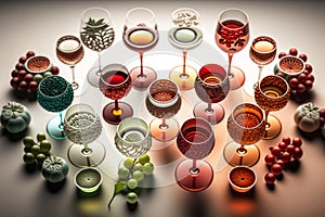 Collection of various crystal glasses with patterns with different types of wine. Elegant goblets on high stems with alcoholic