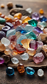 Collection of various crystals and minerals on wooden table.