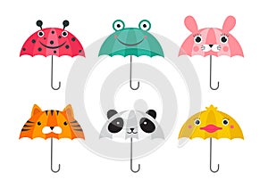 Collection of various cute umbrellas with animals faces design. Panda, frog, ladybug, tiger and chick funny faces.