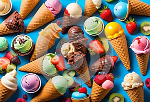 Collection of various delicious ice cream. Lolly ice, cones with different topping, fruit