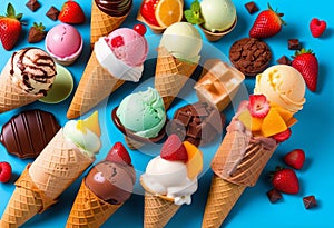 Collection of various delicious ice cream. Lolly ice, cones with different topping, fruit