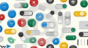A collection of various digital interface buttons and switches on a light background.