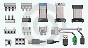 Collection of various electronic connectors and cables including USB