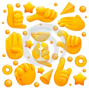 Collection of various emoji yellow hand symbols with wineglass, shaka sign and other gestures. 3d cartoon style