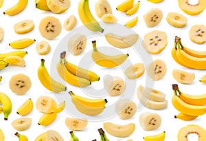 Collection of various fresh ripe banana slices isolated on white background