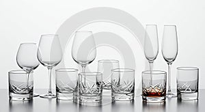 A collection of various glassware is displayed on a reflective surface against a white