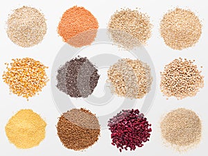 Collection of various grains and cereals on white background