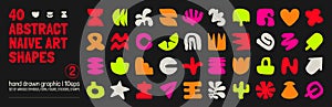 Collection of various hand drawn bizarre abstract geometric unusual shapes, forms in matisse art style, Childish freehand