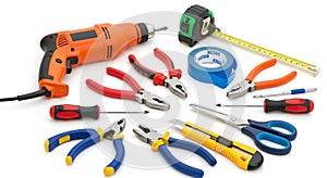 Assorted Hand Tools and Measuring Instruments on White