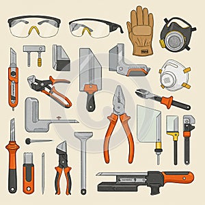 A collection of various hand tools and safety equipment arranged on a plain