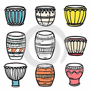 Collection various handdrawn drums ethnic musical instruments. Colorful percussion instruments
