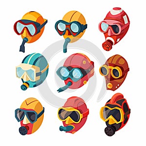 Collection various helmets attached snorkels, colorful diving equipment. Set diving masks photo