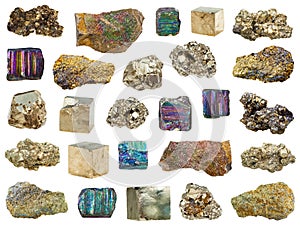 Collection of various iron pyrite stones isolated