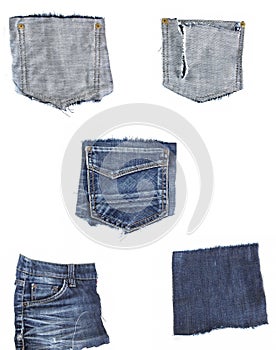 collection of various jeans pieces on white background.