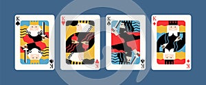 Collection of various king playing cards vector flat illustration. Colorful gamble symbol graphic design isolated. Four
