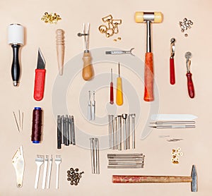 Collection various leather crafting tools