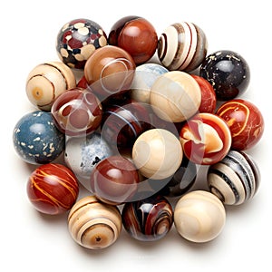 Collection of various marbles on white background,  each one is shot separately