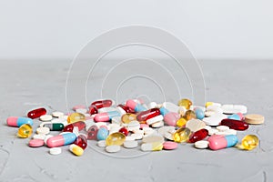 Collection Of Various Medical Tablets And Pills. Assorted pharmaceutical medicine pills, tablets and capsules on table