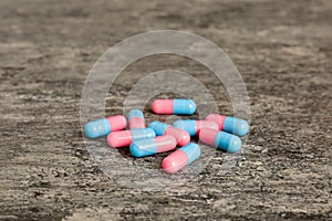 Collection Of Various Medical Tablets And Pills. Assorted pharmaceutical medicine pills, tablets and capsules on table