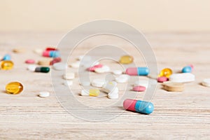 Collection Of Various Medical Tablets And Pills. Assorted pharmaceutical medicine pills, tablets and capsules on table