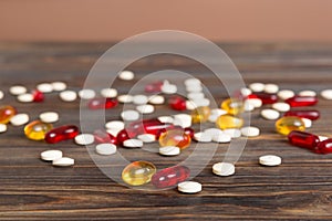 Collection Of Various Medical Tablets And Pills. Assorted pharmaceutical medicine pills, tablets and capsules on table