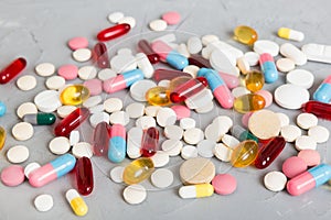 Collection Of Various Medical Tablets And Pills. Assorted pharmaceutical medicine pills, tablets and capsules on table