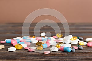 Collection Of Various Medical Tablets And Pills. Assorted pharmaceutical medicine pills, tablets and capsules on table