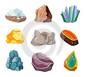 Collection of various mineral rocks and stones. Colorful gemstones, crystals, precious stones isolated on white