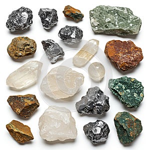 A collection of various mineral samples displayed on a white background. The