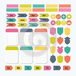 Collection of various note papers with different tape strips. Te