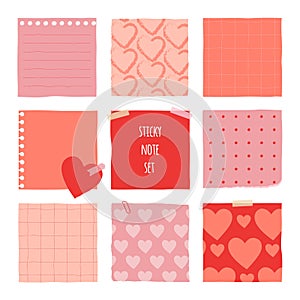 Collection of various notes paper for valentine card. Red and pink sticky note.