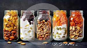 Collection of various nuts stored in glass jars. Ideal for food-related projects and packaging