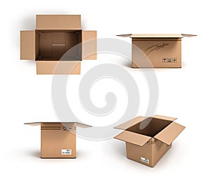 Collection of various open cardboard boxes on white background