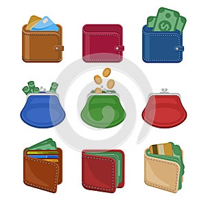 Collection of various open and closed purses and wallets with money, cash, gold coins, credit cards. Set of business symbols